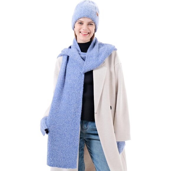 Women's Blue Warm Knit Beanie Hat Touchscreen Gloves Long Neck Scarf Set - Picture 6 of 6